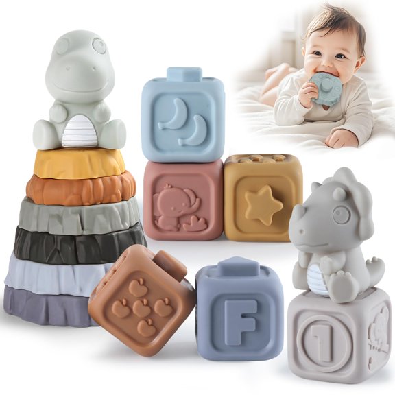 HYPERLIVING Stacking Rings & Nesting Building Blocks for Babies 6 12 18 Months, 14 Pcs Soft Stacker Teething Toys with 2 Dinosaur, Montessori Learning Toys for Infant Toddler Boys Girls