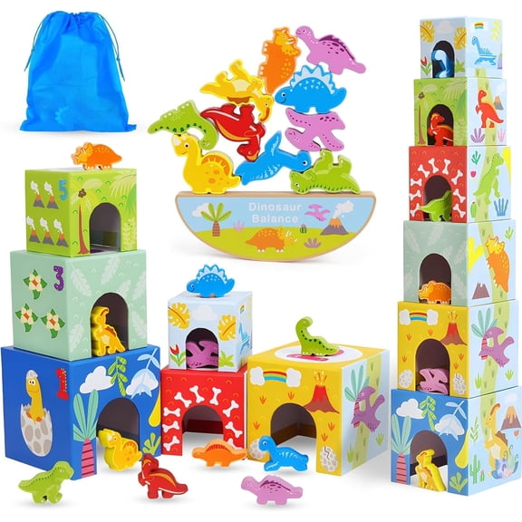 HYPERLIVING Toddler Dinosaur Sorting and Stacking Toys, Numbers Nesting Boxes with Cute Animal Patterns, Dinosaur Stacking Toys, Preschool Learning Montessori Toys Gifts for 1 2 3 Year Olds Babies Gi