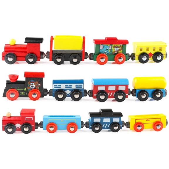 HYPERLIVING Wooden Train Cars 12 PCS Magnetic Train Sets Includes 3 Engines and Storage Bag - Wooden Train Set for Toddlers Compatible with Major Brands Train Set Tracks - Trains for Train Table