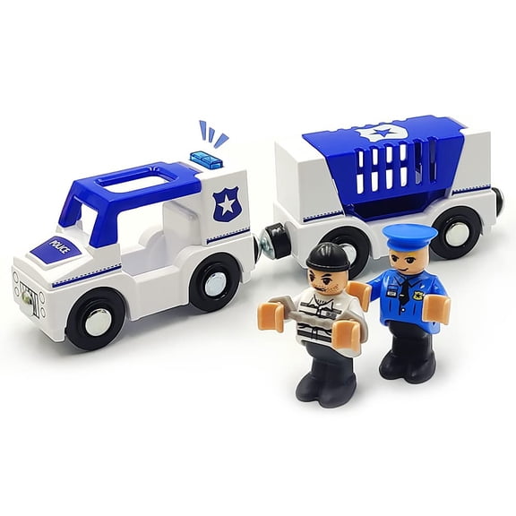 HYPERLIVING Wooden Train Cars Track Accessories Set Police Car with Light and Sound Small Vehicles Magnetic Train Cars Fit for Wooden Train Track Railway for Boys and Girls