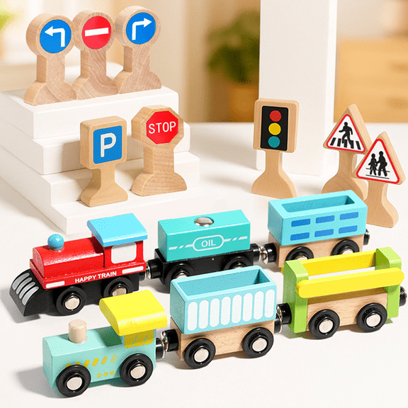 HYPERLIVING Wooden Vehicules and Traffic Signs Play Set with 6 Cars and 9 Signs - 15 Pieces Wooden Train Tracks for Kids, Ages 3+