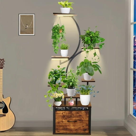 HYRGD Plant Stand Indoor with Grow Lights, 8-Tiered 62" Tall Metal Plant Shelf with Drawer, Lighted Plant Stands for Home Patio, Full Spectrum Grow Light