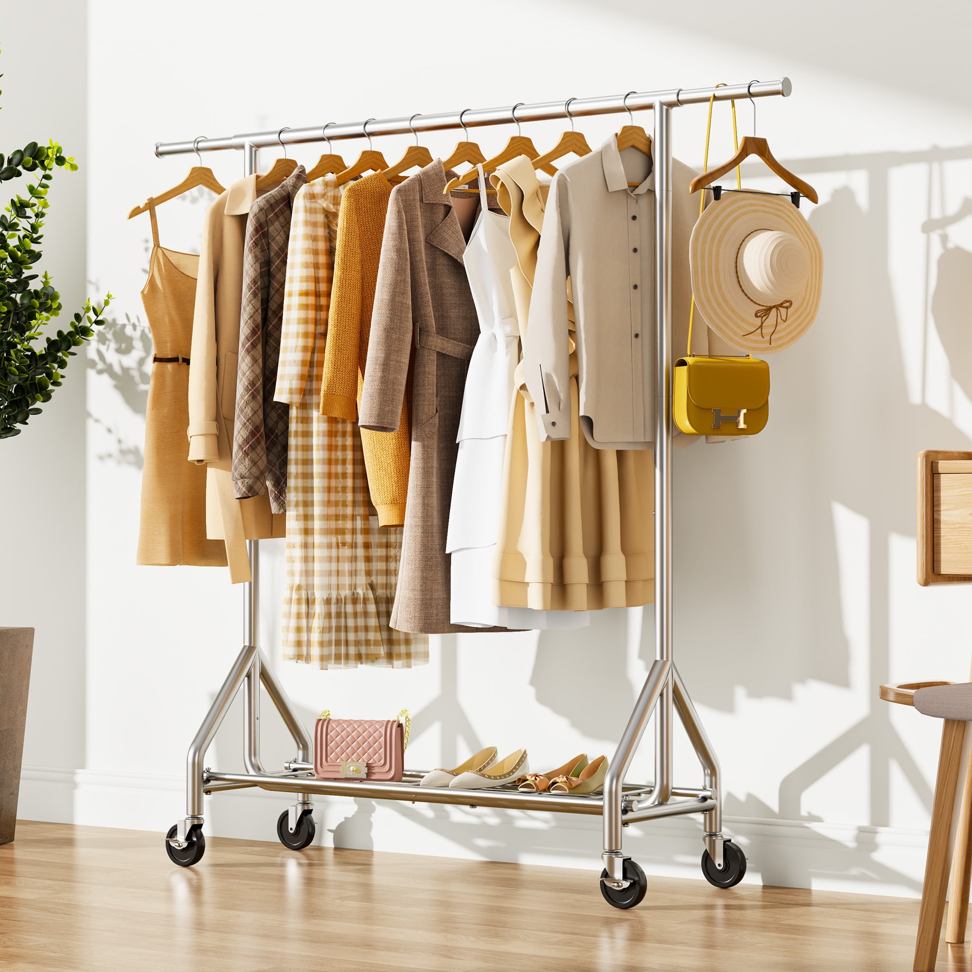 HYSEYY 450 lbs Heavy Duty Clothing Garment Rack with Shelves Commercial Grade Clothing Racks on Wheels Rolling Single Clothes Rack Collapsible Adjustable Walmart