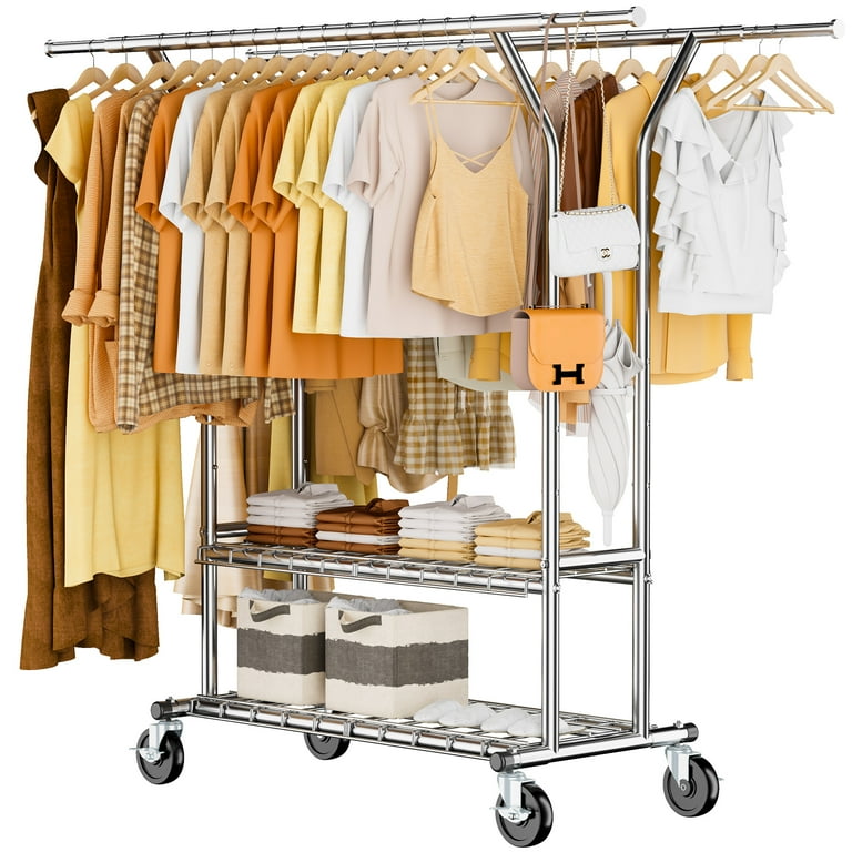 HYSEYY 620LBS Heavy Duty Garment Rack with Shelves Commercial Grade Clothing Racks on Wheels Rolling Double Rails Clothes Rack for Hanging Clothes Portable Adjustable Walmart