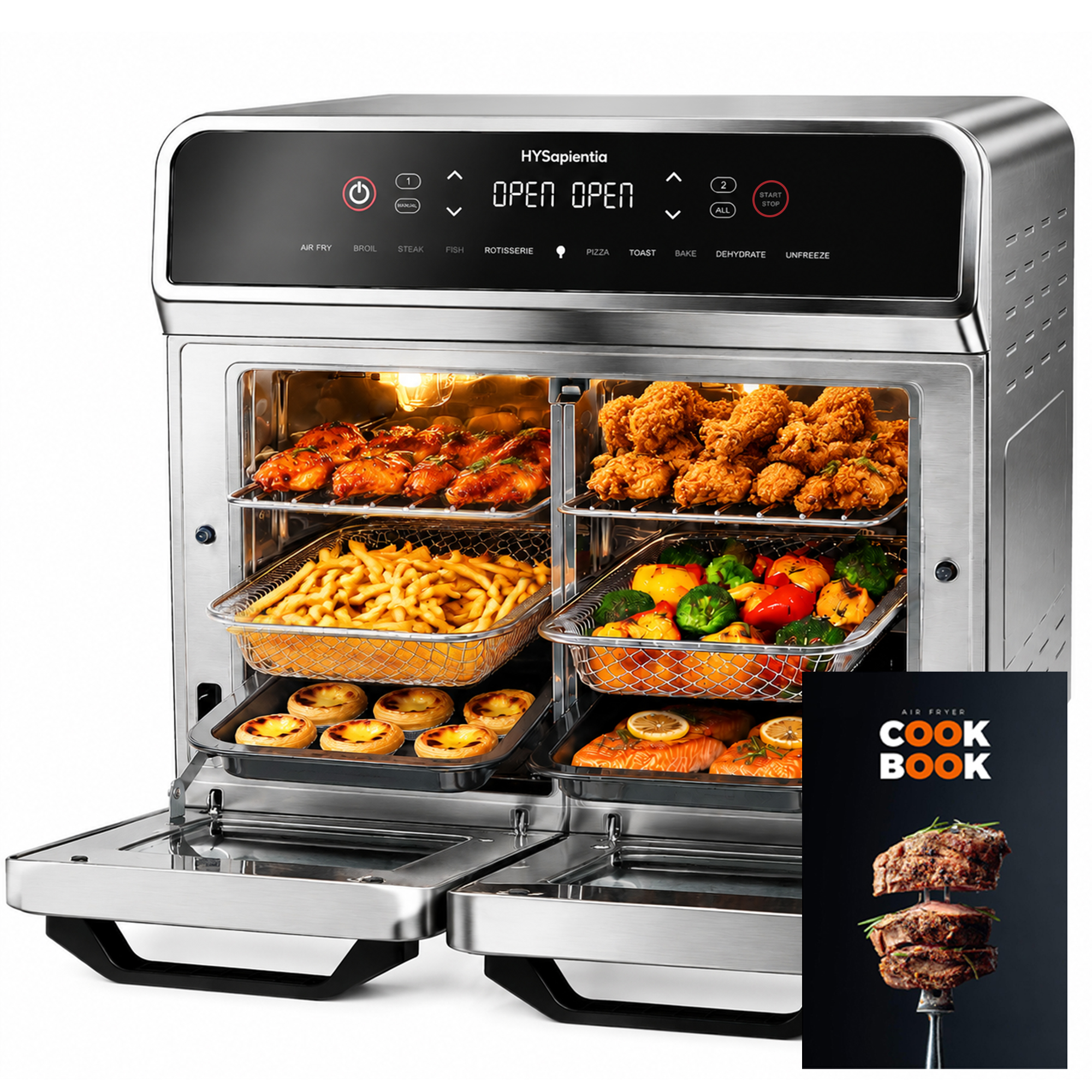 Horno freidora de aire HYSapientia 24QT de doble zona con rotisserie, 10 en 1, acero inoxidable, 1800W para cocina familiar