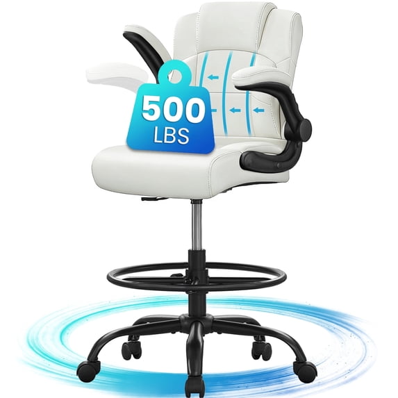 HYSpacerX 500 LBS Big & Tall Ergonomic High Back Leather Office Chair, Adjustable Height Flip-Up Armrest Executive Computer Chair for Standing & Counter Height Desk, White