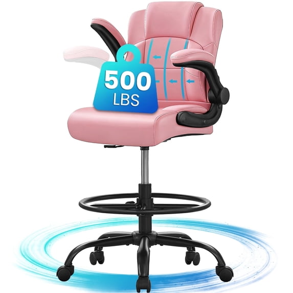 HYSpacerX 500 LBS Big & Tall Ergonomic High Back Leather Office Chair, Adjustable Height Flip-Up Armrest Executive Computer Chair for Standing & Counter Height Desk, Pink