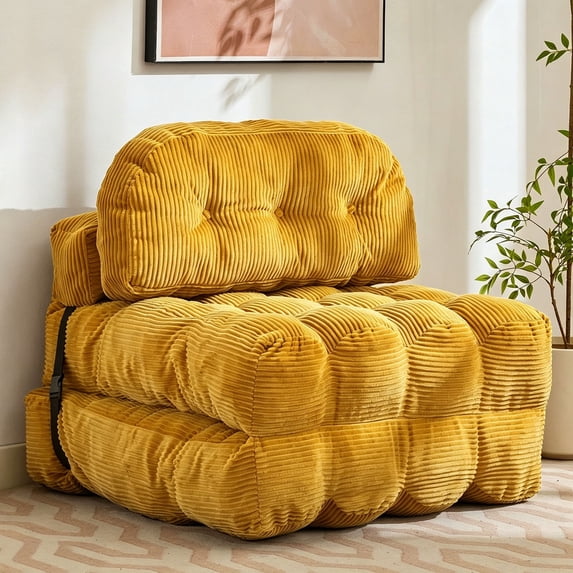 HYSpacerX Folding Sofa Bed Convertible Sleeper Chair, Portable Floor Futon with Pillow & Back Support, Foldable Mattress Lounge Couch for Living Room & Bedroom, Single Size, YELLOW