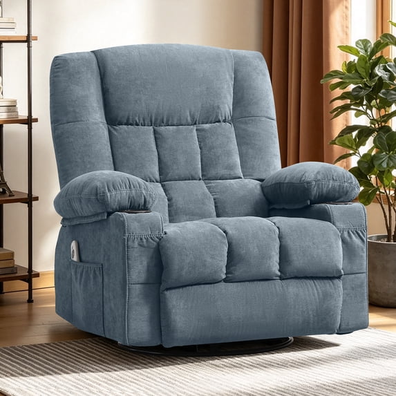 HYSpacerX Oversize Rocker Recliner Chair with Massage and Heat, Ergonomic Comfy Relining Chair with Cup Holders, USB Charge Port, Side Pockets,Blue