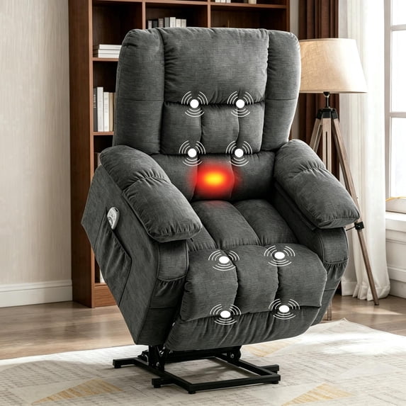 HYSpacerX Power Lift Recliner Chair with Massage, Heat, Lay Flat Assist Recliner with Side Pocket for Living Room, Grey