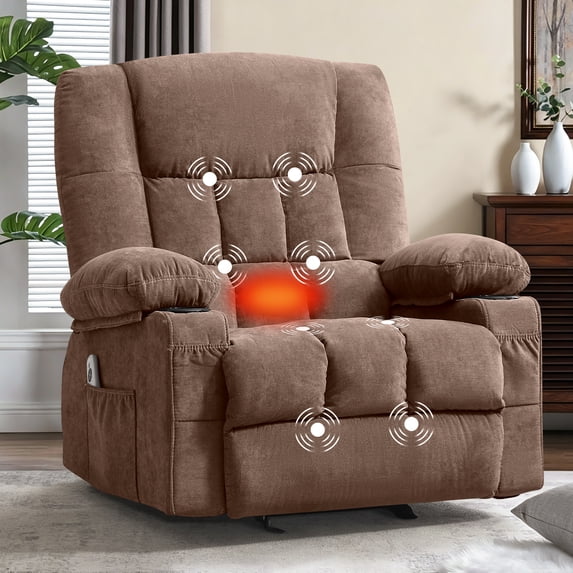 HYSpacerX Rocker Recliner Chair with Massage and Heat, Ergonomic Comfy Relining Chair with Cup Holders, USB Charge Port, Side Pockets,Brown