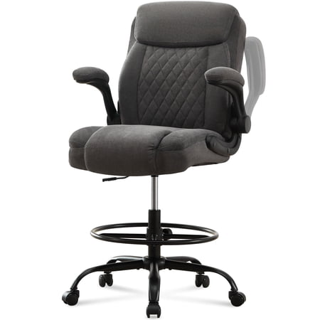 HYSpacerX Tall Drafting Office Chair, Ergonomic Faux Leather High Computer Chair with Adjustable Height & Flip-Up Armrest, Heavy Duty Counter Height Stool for Sit Stand Desk, Dark Gray