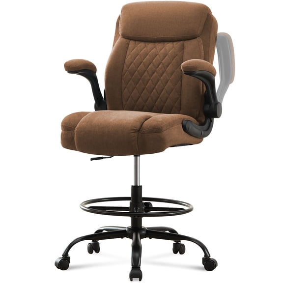 HYSpacerX Tall Drafting Office Chair, Ergonomic Faux Leather High Computer Chair with Adjustable Height & Flip-Up Armrest, Heavy Duty Counter Height Stool for Sit Stand Desk, Brown