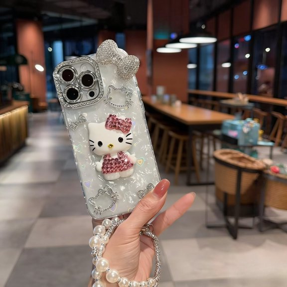 HYT Shell-patterned Flash Diamond 3D KT Cat Phone Case for Apple 17promax 16pro 15 14 13