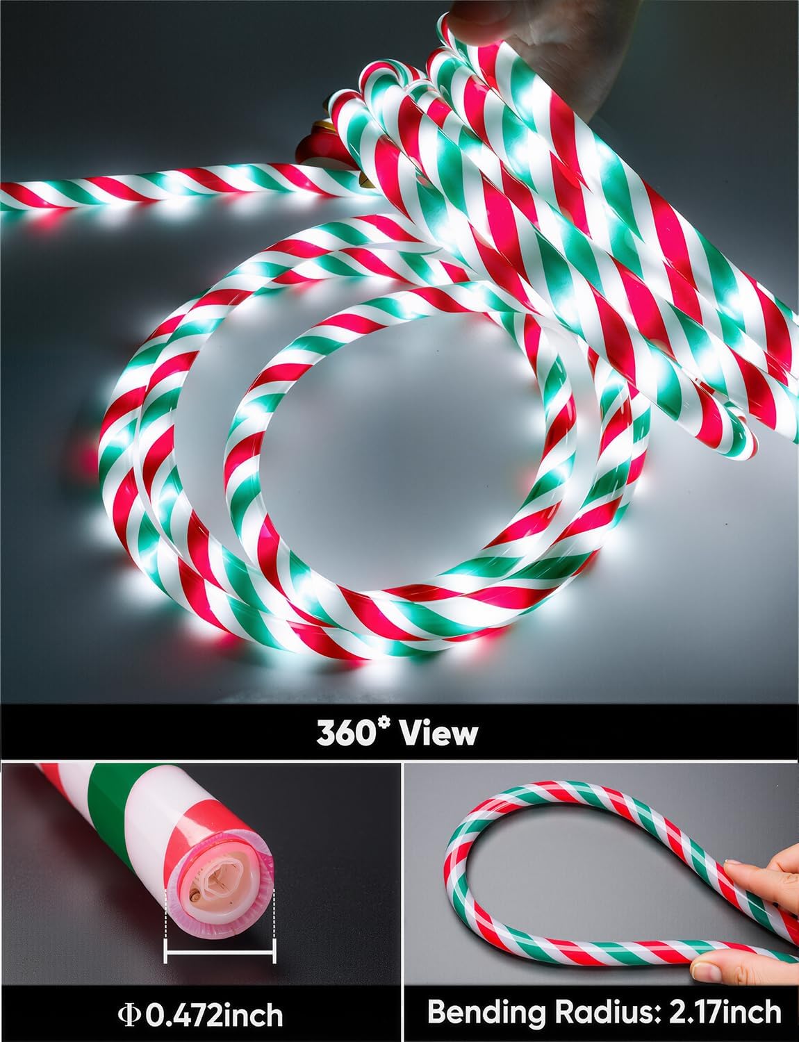 HYTHU-16FT Candy Cane Rope Lights, Christmas Led Rope Light Outdoor ETL ...