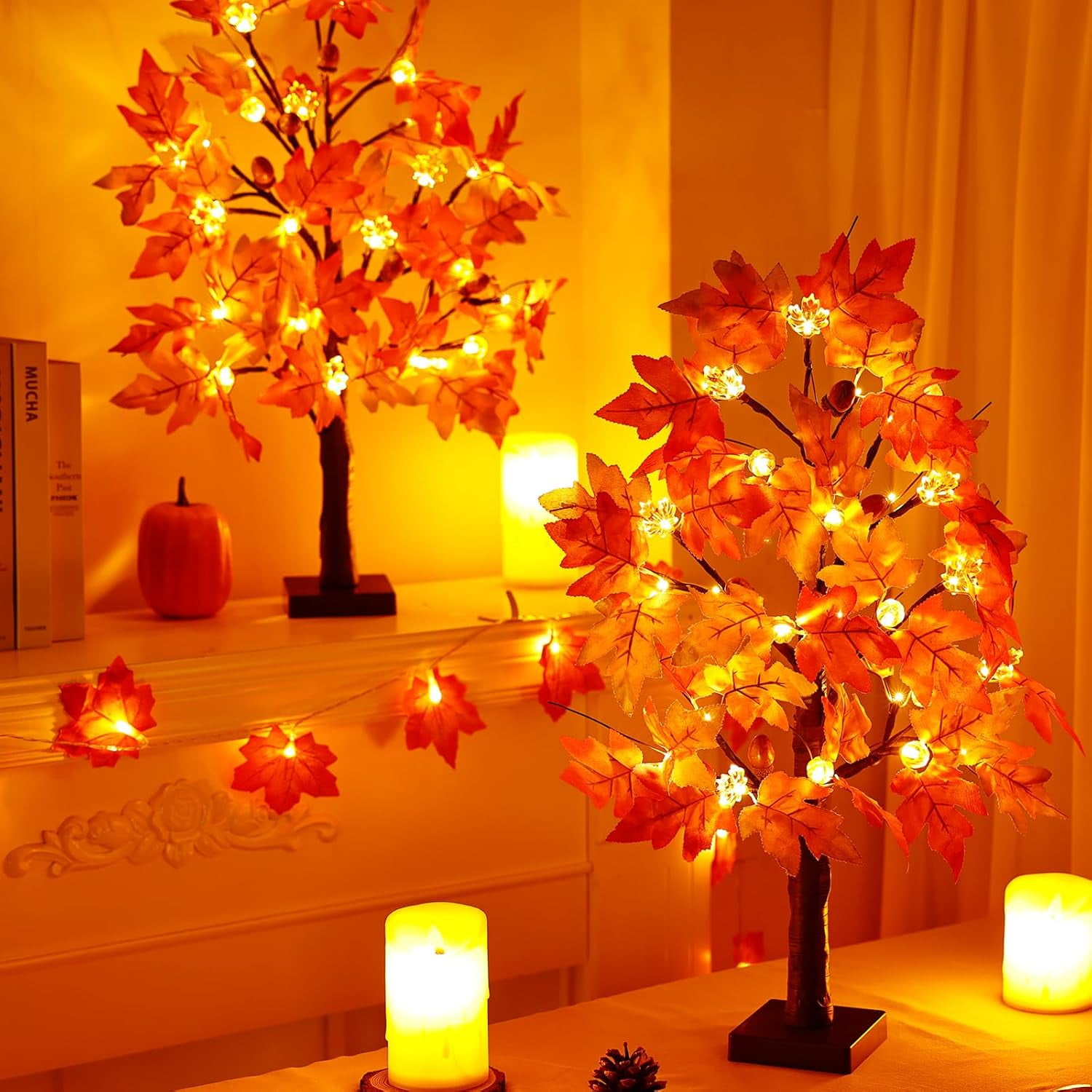 HYTHU-2 Pack 24 Inch Lighted Fall Tree for Fall Decorations with 48 LED ...