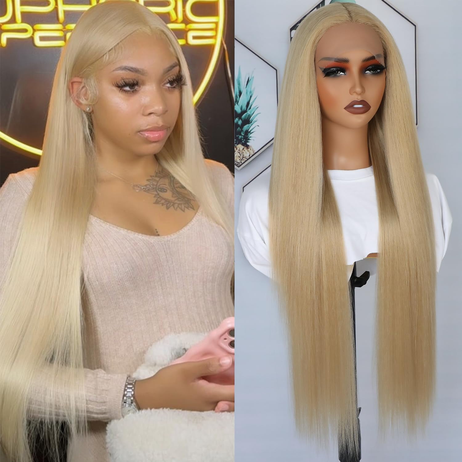 HYTHU-32 Inch Blonde Lace Front Wigs Pre Plucked Long Straight Heat ...