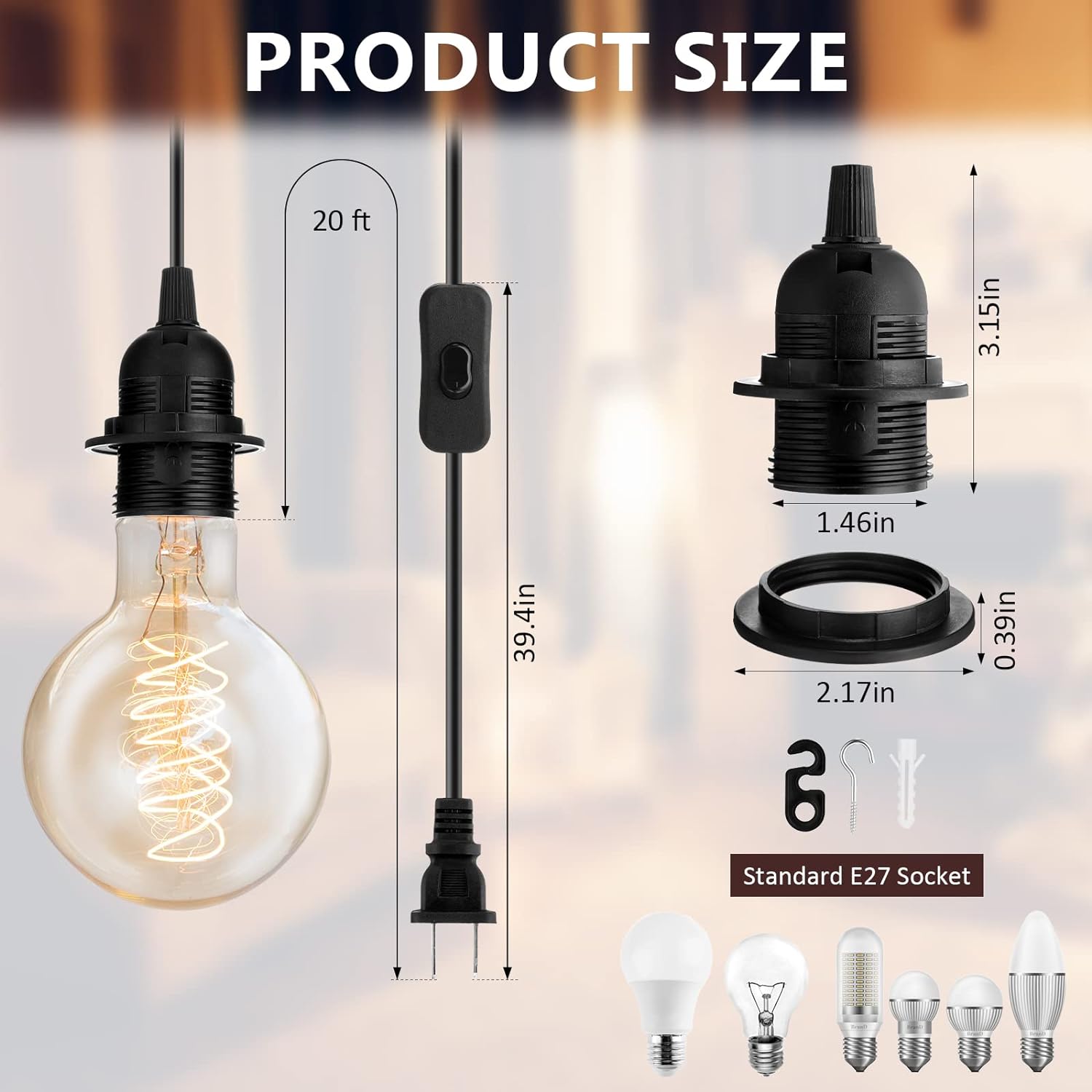 HYTHU-6 Pieces Hanging Light Cord Kit Lantern Bulb Cord Cable Extension ...