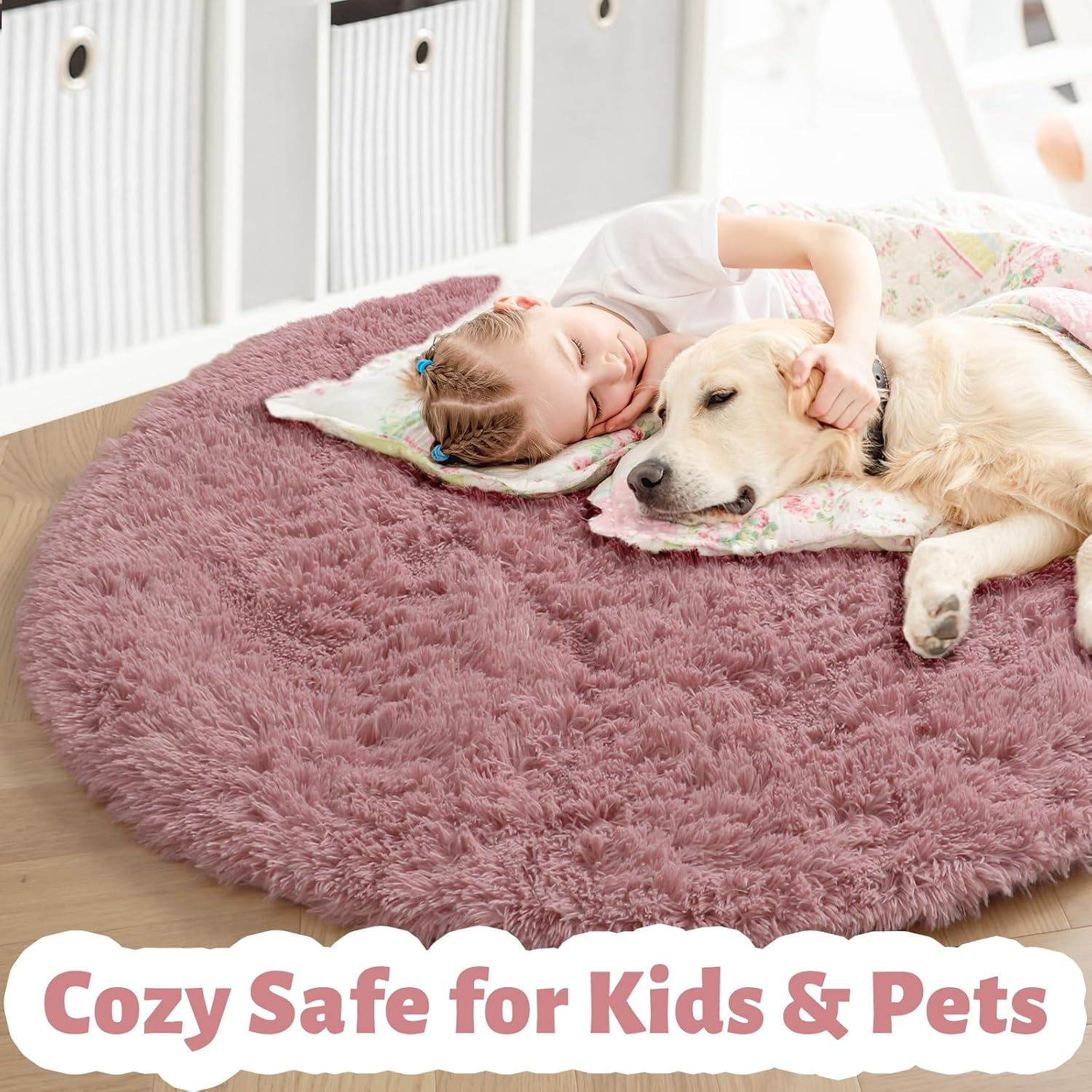 HYTHU-Blush Pink Fluffy Round Rug 4Ft for Bedroom, Fuzzy Furry Circle ...