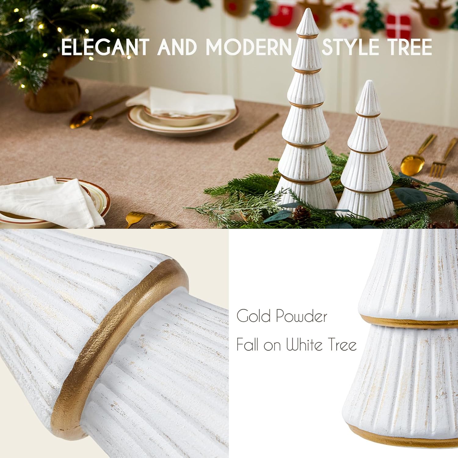 W Tree Table HYTHU-Christmas Tree Figurine Decor Tabletop White and Gold, Set of 2 ...