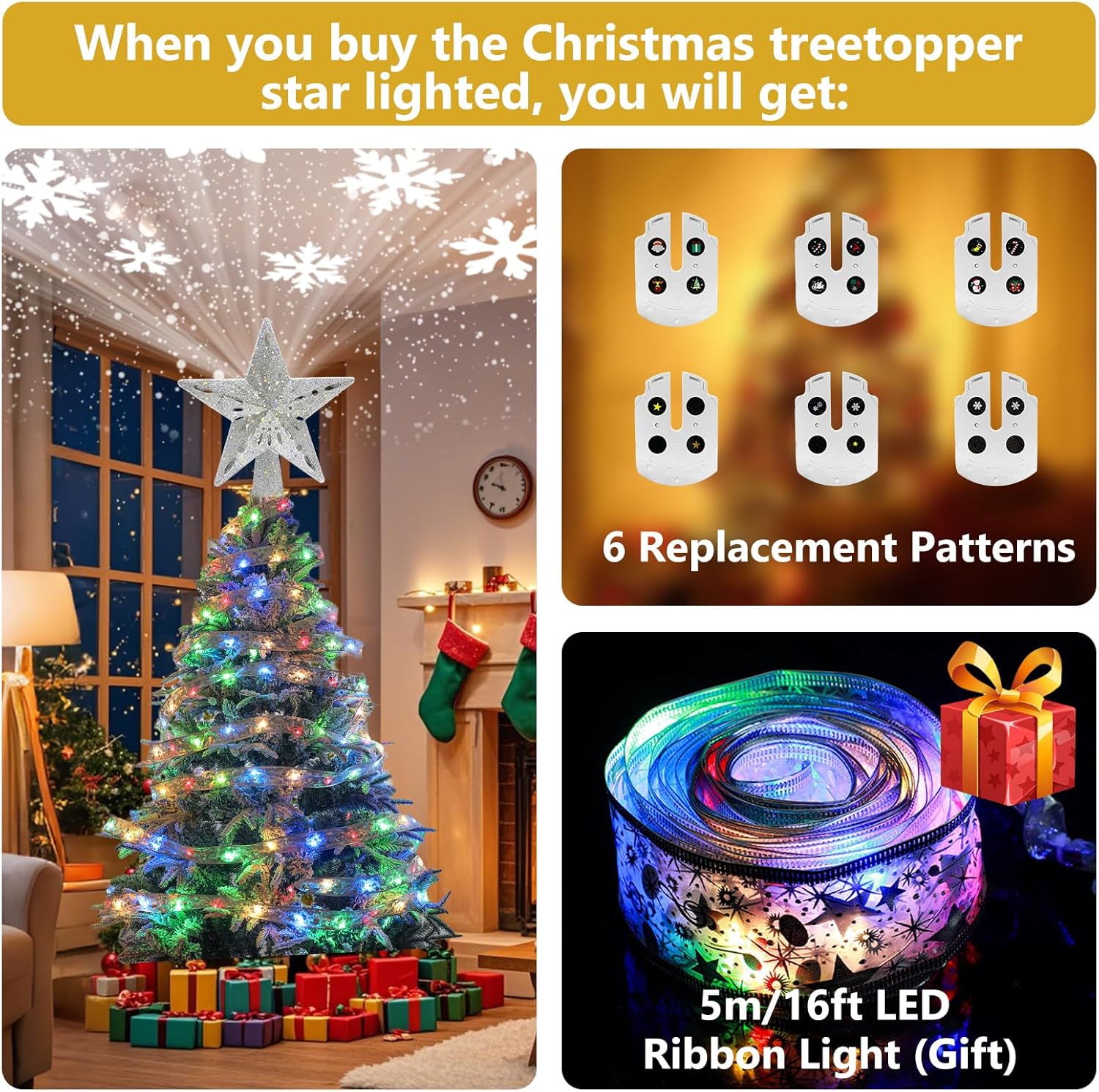 HYTHU-Christmas Tree Topper Star Lighted with 6 Projection Modes, Comes ...