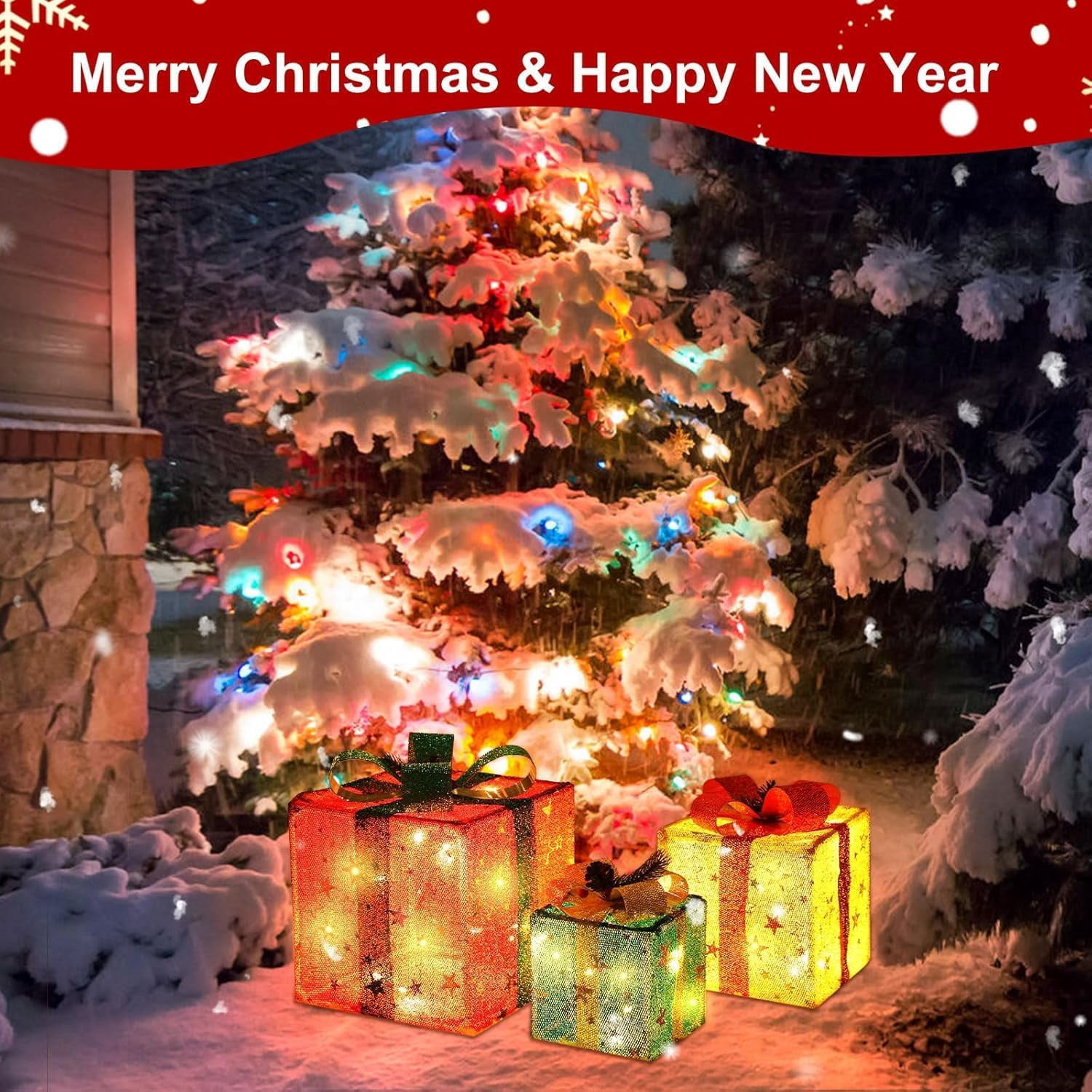 HYTHU-Light Up Presents Christmas Decor Set of 3, Outdoor Indoor