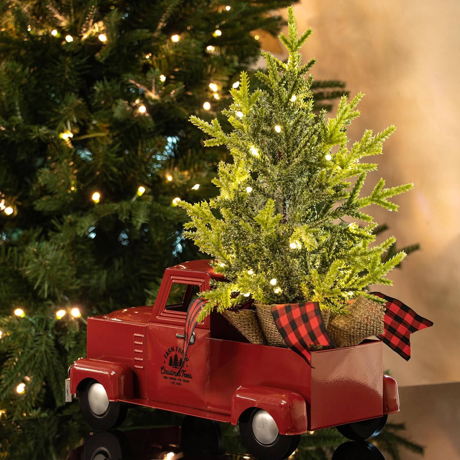 HYTHU-Red Truck Christmas Decor with Lights Timer 12-Inch Vintage Metal