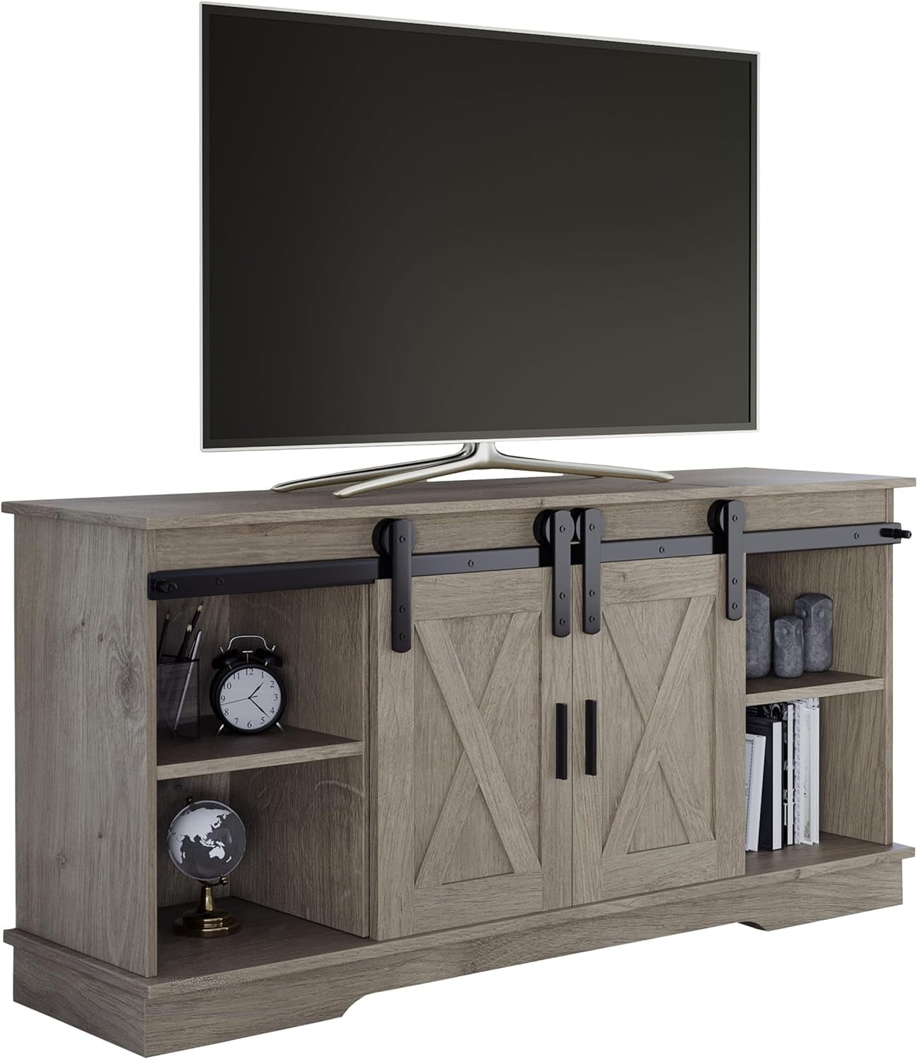 Gray Woodgrain 65-inch TV Stand with Cabinets and Metal Hardware