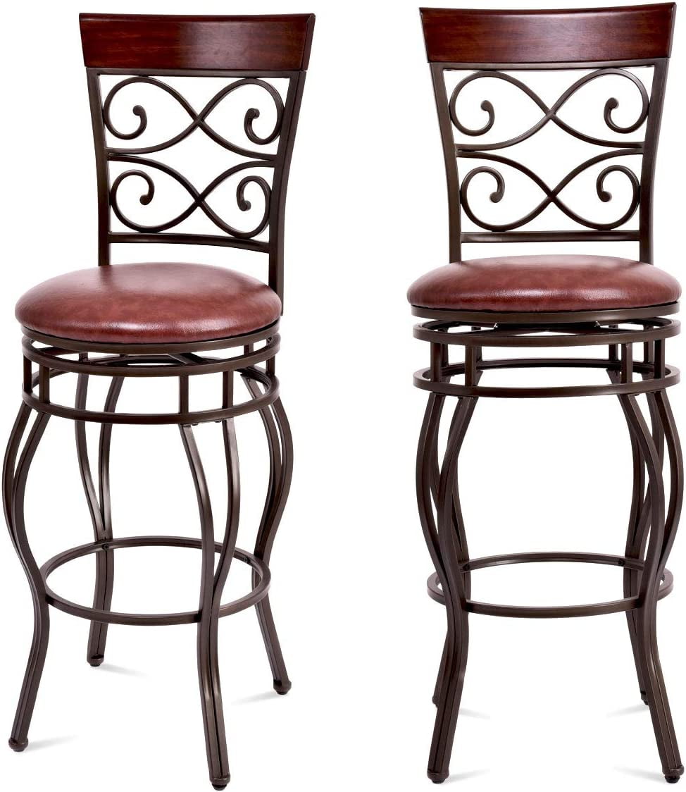 Vintage Elegance Swivel Leather Brown Bar Stools, Set of 2