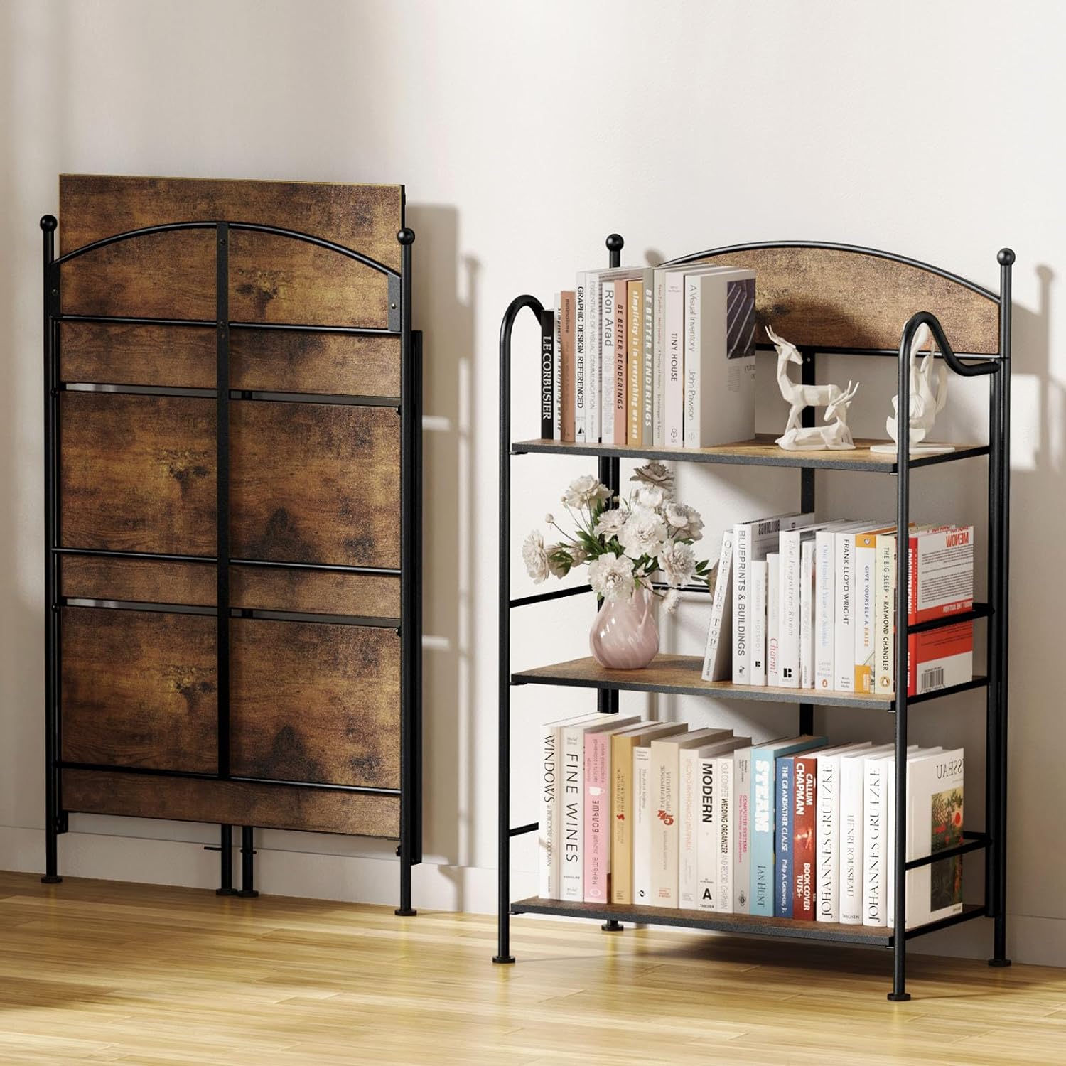 HYUN Folding Bookshelf No Assembly, 3 Shelf Black Folding Bookcase