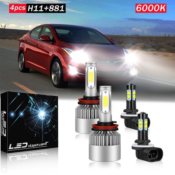 For HYUNDAI Elantra 2011-2016, LED Headlight Bulbs, H11 Low Beam+881 Fog Light Bulbs, Ultra Bright 6500K White Light, Fan Cooling, Easy To Install, Headlights Bulbs Replacement Parts, 4pcs