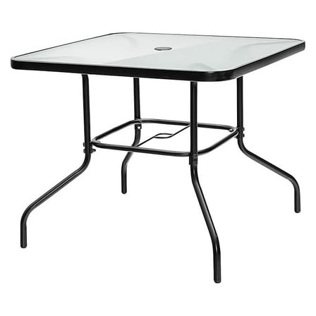 HYYOP 35 Inch Patio Dining Table for 4, Square Outdoor Dining Table with 1.65” Umbrella Hole, Tempered Glass Tabletop, Sturdy Metal Frame, for Patio, Backyard, Poolside, Dining Room