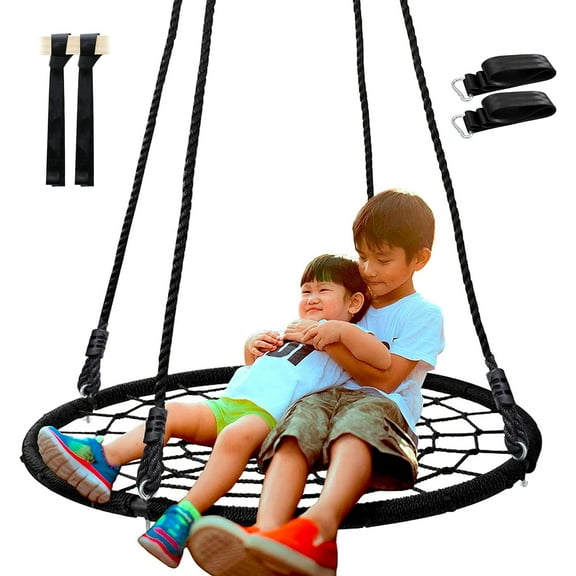 HYYOP 40'' Spider Web Tree Swing Round Net Swing Platform Rope Swing Set for Kids Adult, 71" Detachable Nylon Rope with Swivel for Outdoor Backyard, Max 660 Lbs Extra Safe Steel Frame, Black