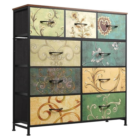 HYYOP 9-Drawer Dresser, Fabric Storage Tower for Bedroom, Hallway, Entryway, Closet, Tall Chest Organizer Unit with Fabric Bins, Steel Frame, Wood Top, Easy Pull Handle, Floral Painted