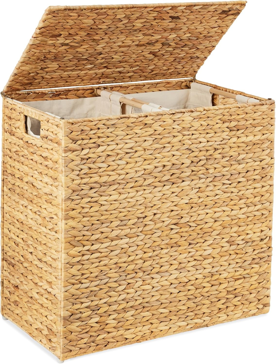 HYYOP Large Double Laundry Hamper with Lid, Natural Handwoven Water Hyacinth, 2 Sections w/ 2 Machine Washable Linen Liner Bags, Portable, Handles,Natural - Walmart.com