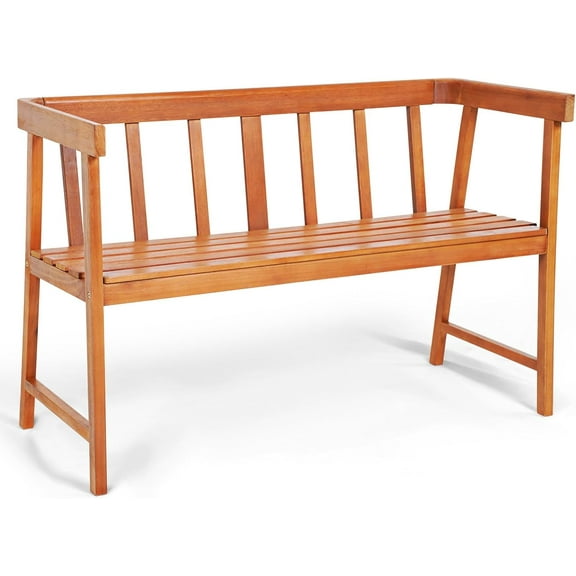 HYYOP Patio Wood Bench with Ergonomic Backrest & Armrests, 2-Person Outdoor Bench, All-Weather Acacia Wood Frame, Loveseat Outside Bench for Garden Balcony Poolside Porch Deck