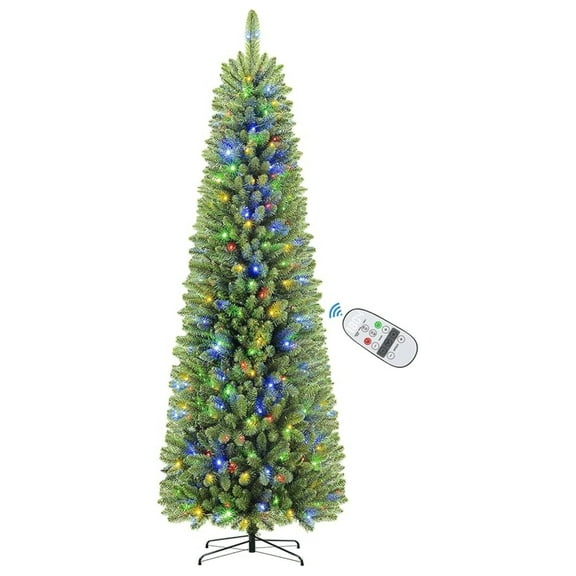 HYYOP6ft Premium Prelit Artificial Slim Pencil Spruce Christmas Tree with Remote Control, 240 Warm White & Multi-Color Lights, Full Branch Tips, First Choice Decorations for Xmas, 6 FT, Green