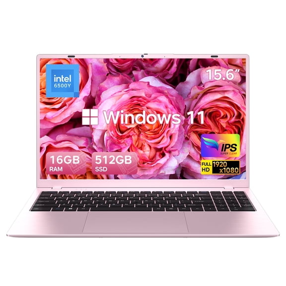 HYYUO 15.6" Laptop Computer, 16GB RAM 512GB SSD, Intel 6500Y with 2 Cores 4 Thread, Up to 3.4GHz, FHD Display, Laptop for Business, Student, Office, Pink, Lightweight, Windows 11 Laptop