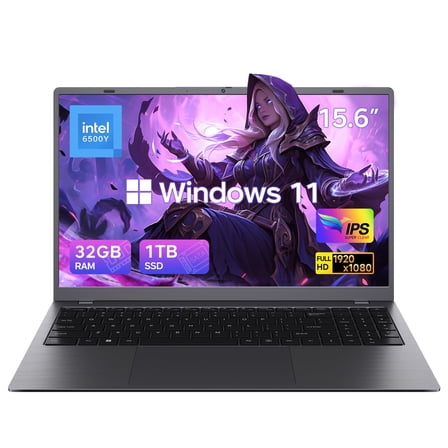 HYYUO 15.6" Laptop Computer, 32GB RAM 1TB SSD, Intel 6500Y with 2 Cores Up to 3.4GHz, 1080p FHD Display, Laptop for Business, Study, Office, Dark Gray, Windows 11 Laptop