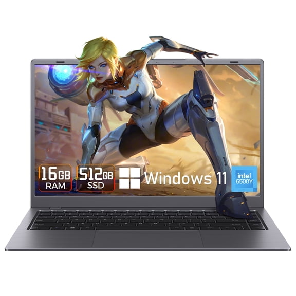 HYYUO Laptop Computer, 14inch FHD Display 16GB RAM 512GB SSD, Intel 6500Y 2 Cores, Windows 11 with Office 2024, Type-C PD Dual 4K Output for Work Study