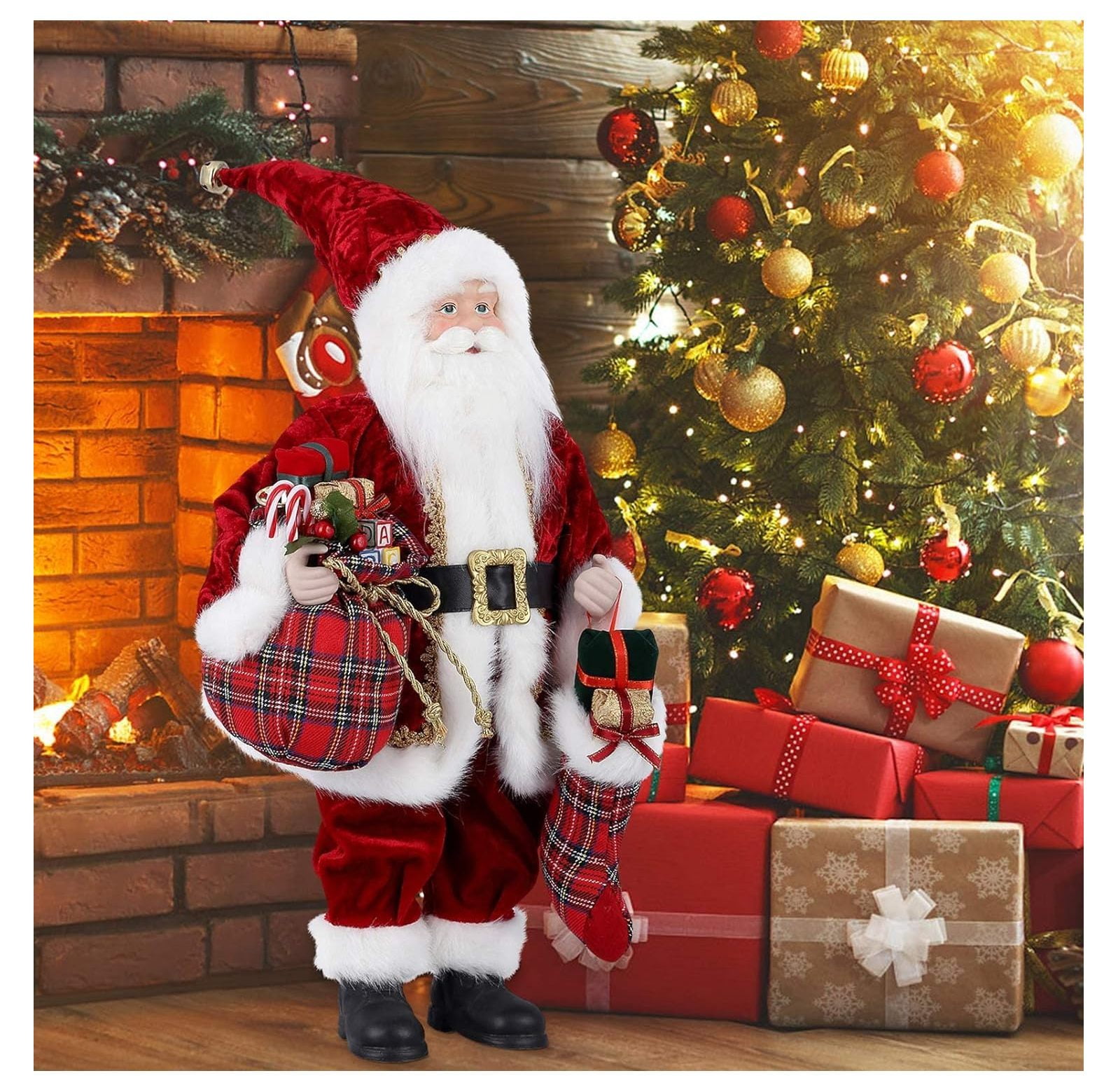 18" Red Santa Claus Christmas Figurine with Gifts Bag