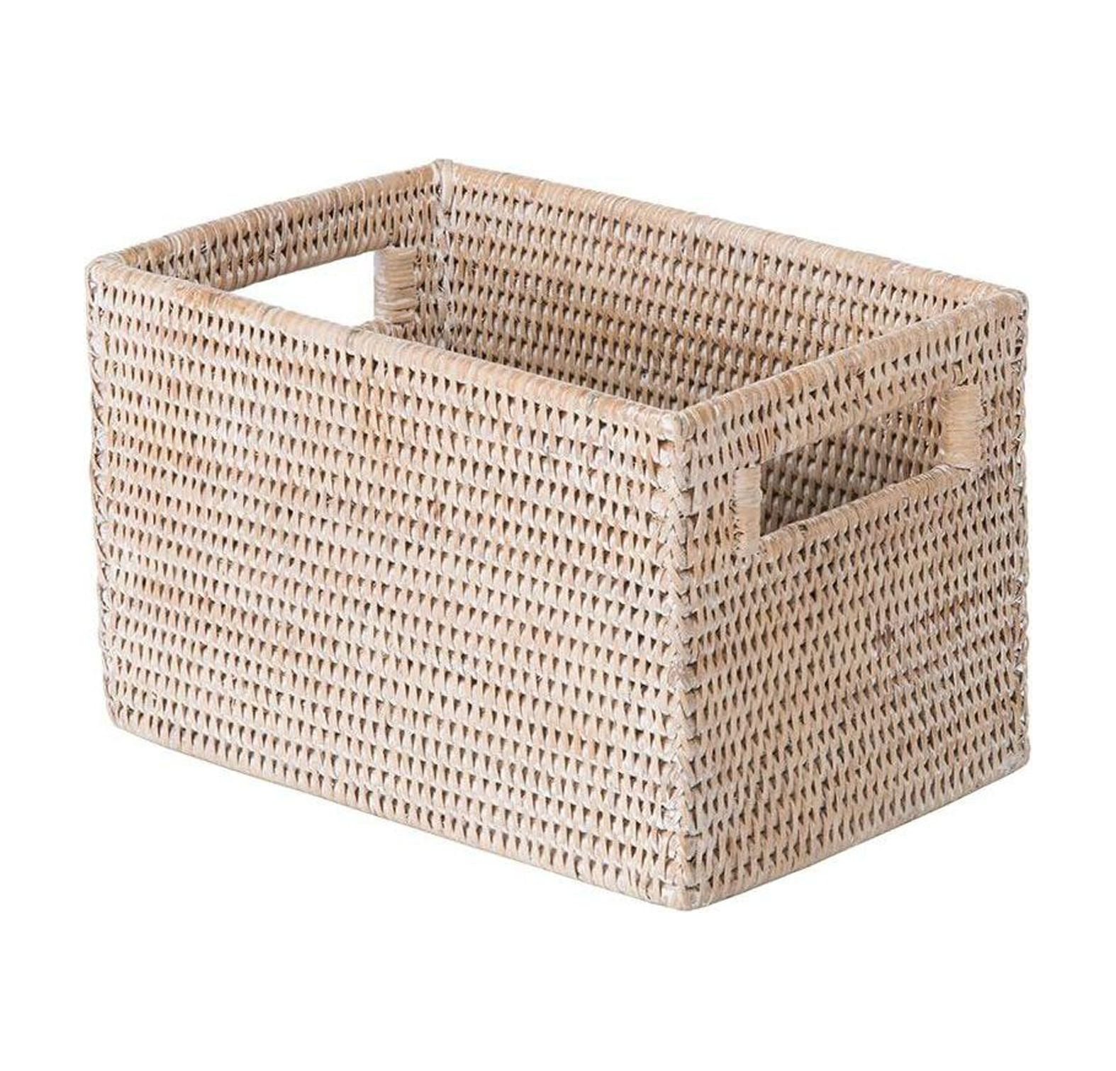 Small White Wash Rectangular Rattan Storage Basket