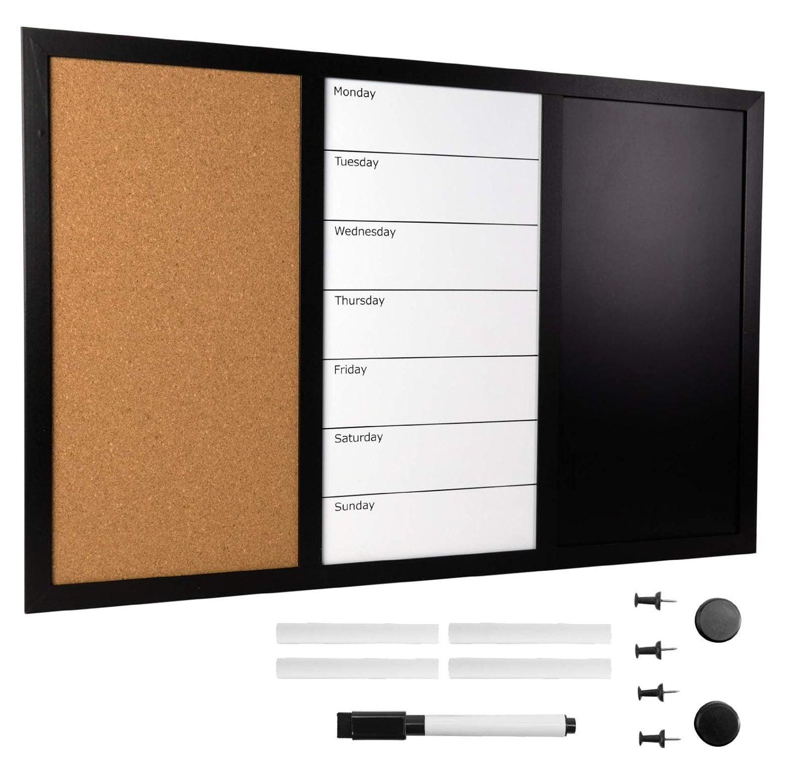 Black Wood Frame Magnetic Combo Board with Cork, Whiteboard, and Chalkboard