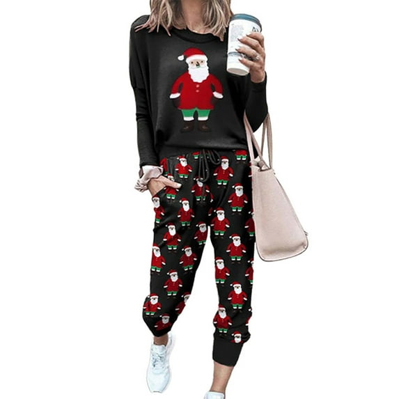 HYwys Christmas Pajamas for Womens Ugly Santa Print Casual Shirts and Elastic Pants Xmas Sleepwear Loungewear Sets