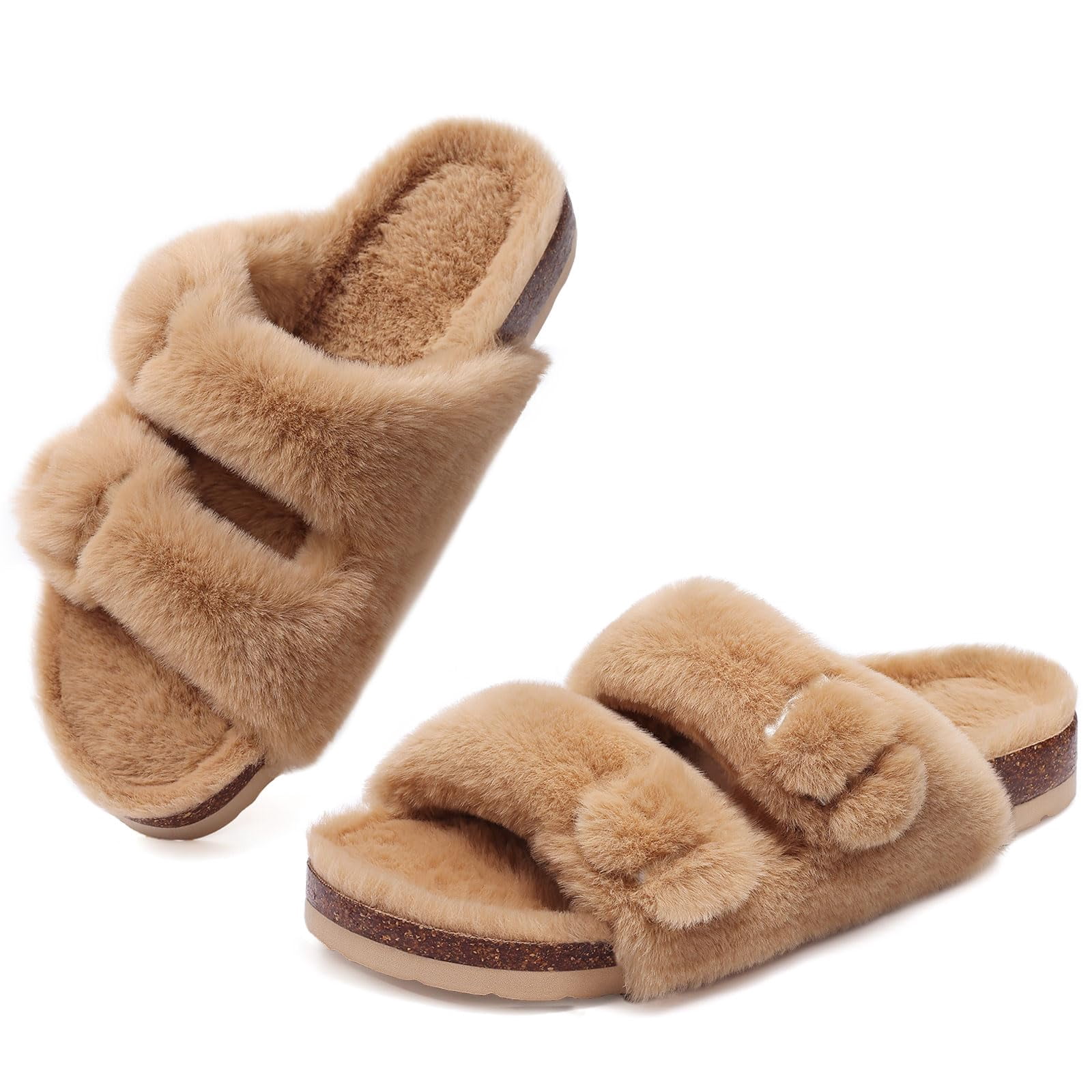 HYwys Fuzzy Slippers Women Cork Footbed Fluffy Slide Sandals Open Toe ...