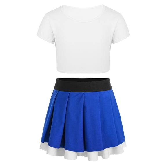HYwys Kids Girls Cheerleading Dance Outfits Short Sleeve Crop Top with Pleated Skirt Cheer Uniform Set White Blue 14