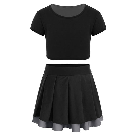 HYwys Kids Girls Cheerleading Dance Outfits Short Sleeve Crop Top with Pleated Skirt Cheer Uniform Set White Navy Blue 6