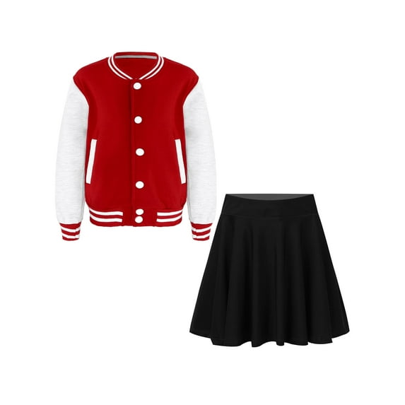 HYwys Kids Girls Cheerleading Uniform Long Sleeve Baseball Outerwear with Pleated Skirts Sports Suits Red Grey 7 8