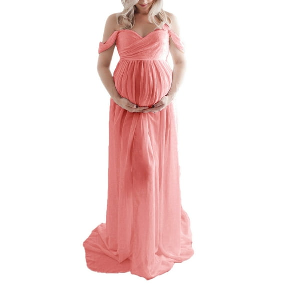 HYwys Maternity Dress for Photography Solid Color Off Shoulder Chiffon Gown Front Split Long Pregnancy Dresses for Photoshoot