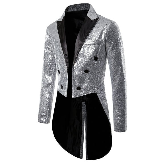 HYwys Mens Sequin Tuxedo Jacket Slim Fit Tailcoat Dress Coat Swallowtail Dinner Party Wedding Blazer Suit